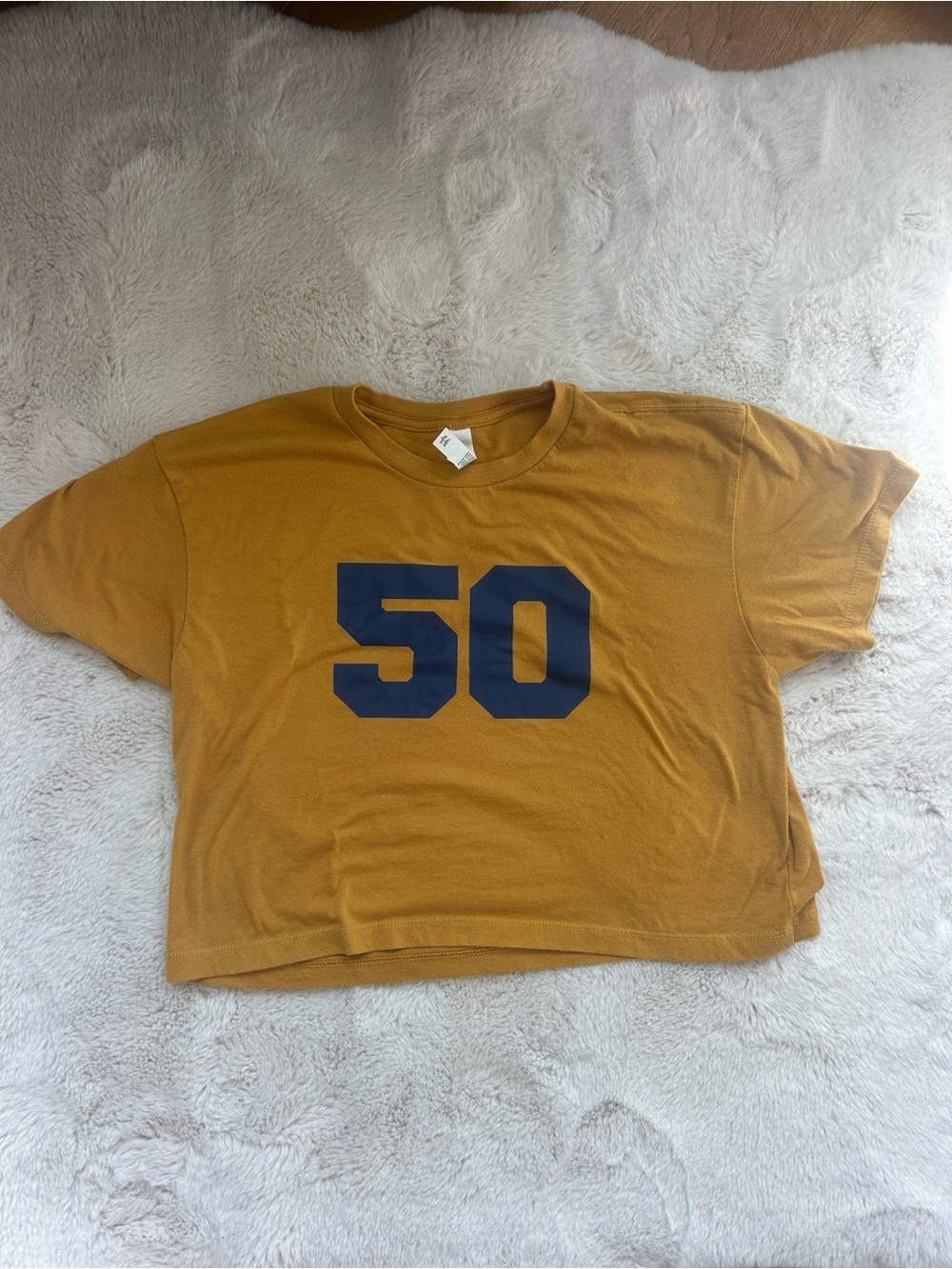 Next Level Apparel Mustard Yellow Tee with Navy '50' Graphic size small